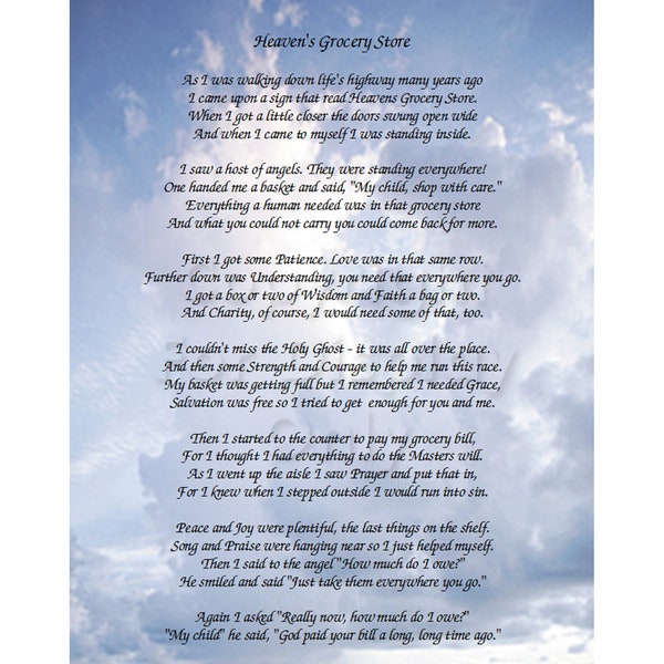 Heaven's Grocery Store Poem Christian Verse on Heavenly Sky Artwork 8.5 x 11