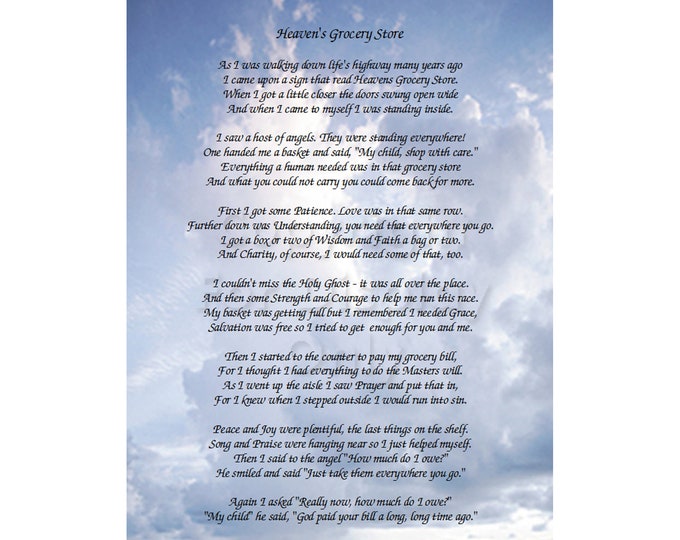 Heaven's Grocery Store Poem Christian Verse on Heavenly Sky Artwork 8.5 ...