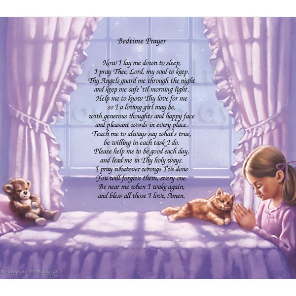 Praying Girl Now I Lay Me Down to Sleep Bedtime Prayer Art 8.5 x 11