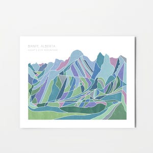 May include: A print featuring a colorful, abstract mountain landscape. The artwork uses shades of blue, green, and purple to depict the peaks and valleys. Text at the top reads "BANFF, ALBERTA" and "LOWER EYE MOUNTAIN". The print is on a white background.