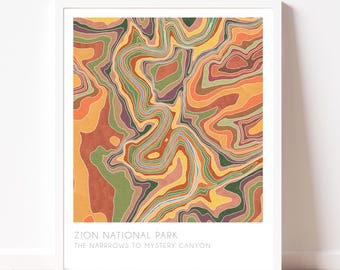 Zion National Park, The Narrows map, hand painted watercolor print, topographic map