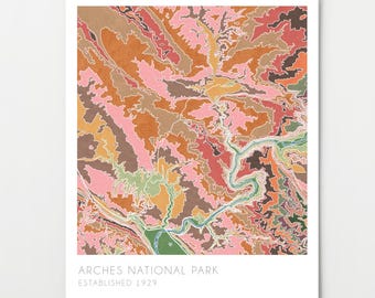 Arches National Park Map, watercolor print, topographic map