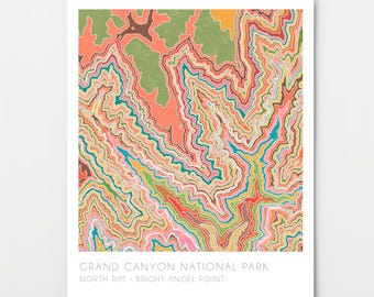 Grand Canyon National Park watercolor map, North Rim, Bright Angel Point, topographic map
