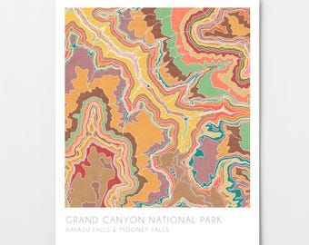 Grand Canyon National Park map, Havasu Falls, watercolor print, topographic map