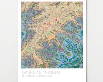 Gatlinburg Tennessee map, watercolor print, Smoky Mountain topographic map