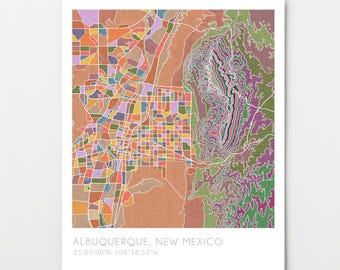 Albuquerque New Mexico map, handpainted watercolor print, topographic map