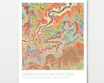 Grand Canyon National Park map, Desert View Watchtower, Navajo Point, watercolor print, topographic map