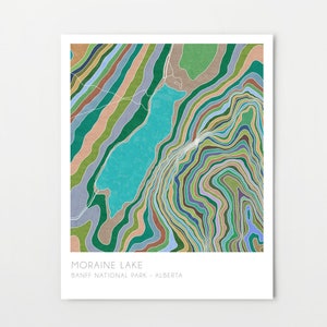 May include: Abstract art print of Moraine Lake in Banff National Park, Alberta. The lake is depicted in turquoise blue surrounded by swirling lines in shades of green, brown, and blue.