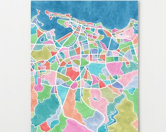 San Juan wall art, watercolor print, Puerto Rico map art, coastal decor, Puerto Rican art
