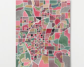 Fayetteville Arkansas Map, Watercolor Art Print