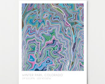 Winter Park Colorado map, watercolor print, topographic map