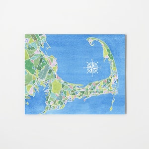 Cape Cod map, watercolor print, Massachusetts prints, nautical decor, Cape Cod seashore, print Provincetown, coastal wall art, map art