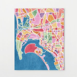 San Diego map art, watercolor print, California wall art
