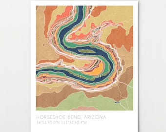 Horseshoe Bend map, watercolor print, Glen Canyon Arizona, topographic map
