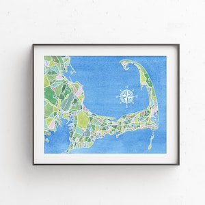 Cape Cod map, watercolor print, Massachusetts prints, nautical decor, Cape Cod seashore, print Provincetown, coastal wall art, map art