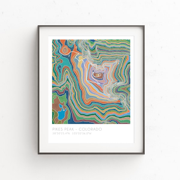 Pikes Peak Colorado map, watercolor print, topographic map