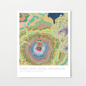 Mount St Helens, watercolor print, topographic map, Pacific Northwest