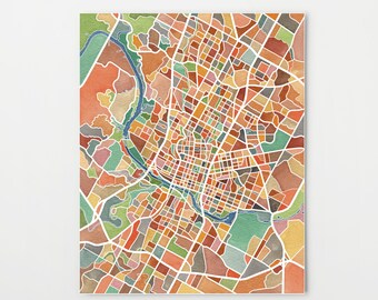 Austin Texas, map art, watercolor print, graduation gift