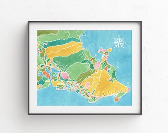 Honolulu Hawaii map art, watercolor print, Hawaiian gifts, watercolor Hawaii, beach decor