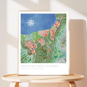 South Lake Tahoe map, watercolor topographic print