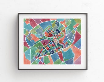 New Braunfels, map art, Texas wall art, watercolor print, Texas hill country