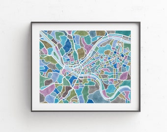 Pittsburgh map, watercolor print, Pittsburgh wall art