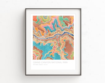 Grand Canyon National Park map, watercolor print, topographic map