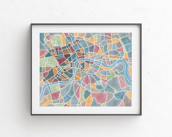 London map, watercolor print, London England gifts, travel decor, London wall art