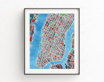 New York City, map art, watercolor print, New York map, NYC wall art