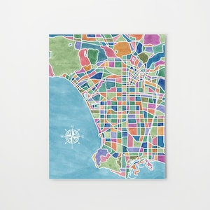 Los Angeles map, watercolor print, map art, California artwork, LA map print, Hollywood gift