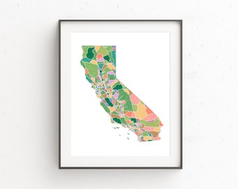 California Map, state map prints, watercolor painting, California painting