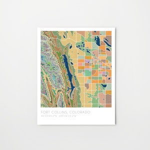 Fort Collins, Colorado, impresión de acuarela, mapa topográfico
