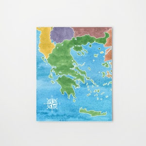 Greece map, watercolor print, travel gifts, Greece painting