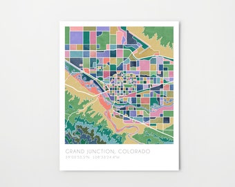 Grand Junction Colorado Map, Watercolor Art Print, Hand-Painted Topographic Map