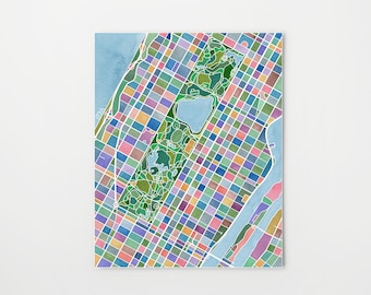May include: A watercolor illustration of a city map with a large park in the center. The map is divided into colorful squares and rectangles, with a blue lake in the park. The park is surrounded by streets and buildings.