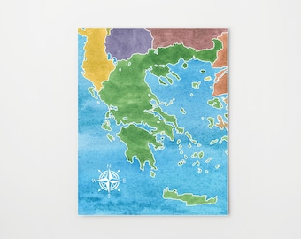 Greece map, watercolor print