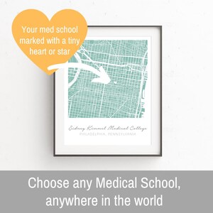 May include: A framed map of Philadelphia, Pennsylvania with a teal blue outline of the city and the text "Sidney Kimmel Medical College" and "PHILADELPHIA, PENNSYLVANIA". The map is on a white background. The image is a mock-up of a personalized map print with a heart or star marking a location on the map.