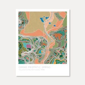 May include: Abstract art print of Grand Prismatic Spring in Yellowstone National Park. The print features a colorful, swirling design in shades of green, blue, orange, and brown.