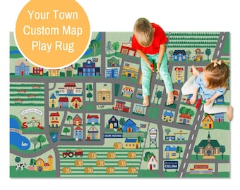Your Town Custom Map Play Rug, Child Car Play Mat, Made to Order, 4x6 Personalized Rug