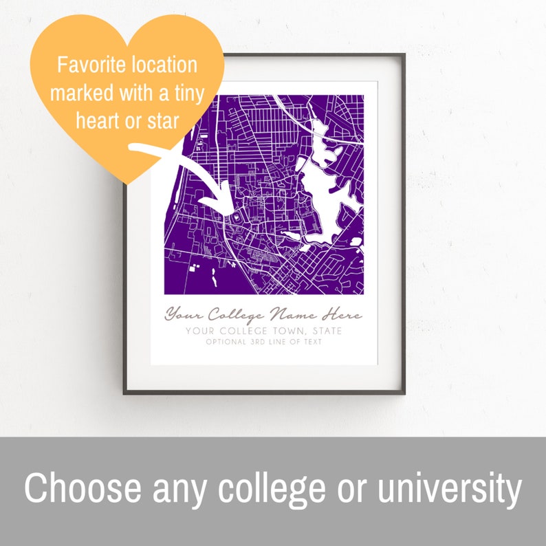 Personalized University Map, custom map, college campus, dorm decor, college student gift, college graduation, location gifts Purple