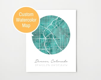 Custom Map, watercolor print, personalized gift, customized gifts, GPS coordinates, map art