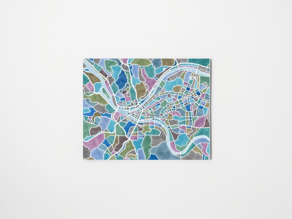 Pittsburgh map, watercolor print, Pittsburgh wall art