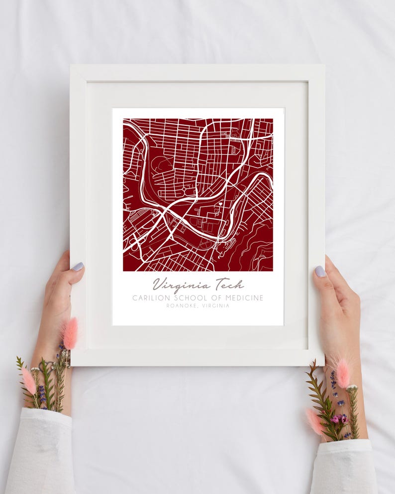 May include: A white framed print with a red background map of the Virginia Tech Carilion School of Medicine in Roanoke, Virginia.