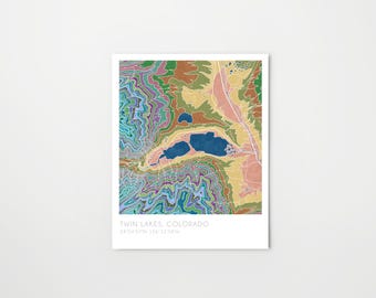 Twin Lakes Colorado map, watercolor print, topographic map