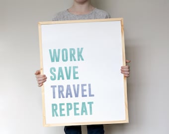 Work Save Travel Repeat, watercolor print, travel decor, travel gifts