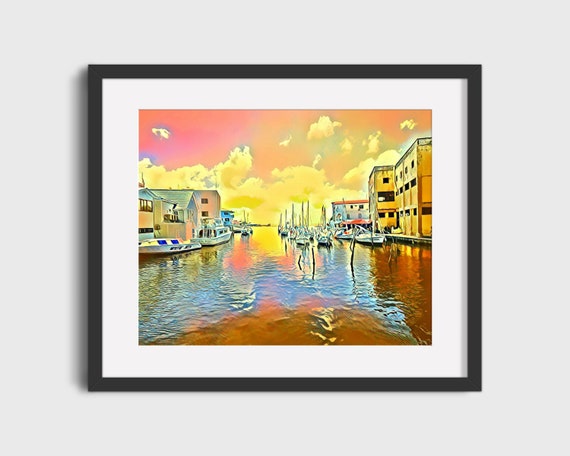 Belize Art Print Swing Bridge Fishing Boats Travel Decor