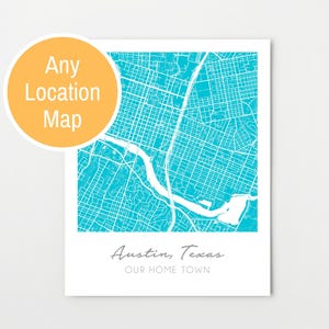 May include: A turquoise blue map of Austin, Texas with the text "Austin, Texas Our Hometown" printed below the map.