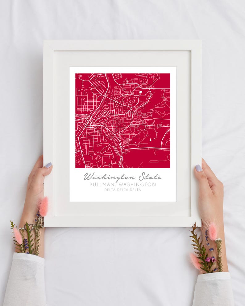 May include: A white framed print with a red background and a white outline of a map of Pullman, Washington. The text "Washington State" is written in white cursive at the bottom of the print, along with the text "Pullman, Washington" and "Delta Delta Delta" in smaller white text.