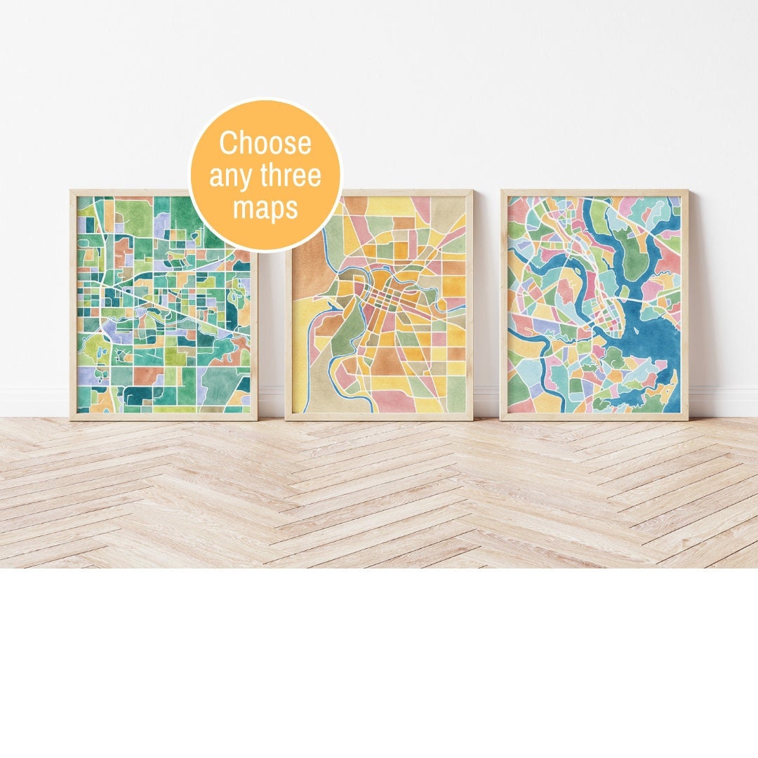 Three Map Printable Set of 3 Watercolor Prints, Three Maps, City Maps, 3 Piece Wall Art ...