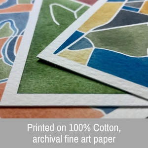 May include: Close-up of three watercolor prints on 100% cotton archival fine art paper. The prints feature abstract geometric patterns in shades of blue, green, yellow, and orange.